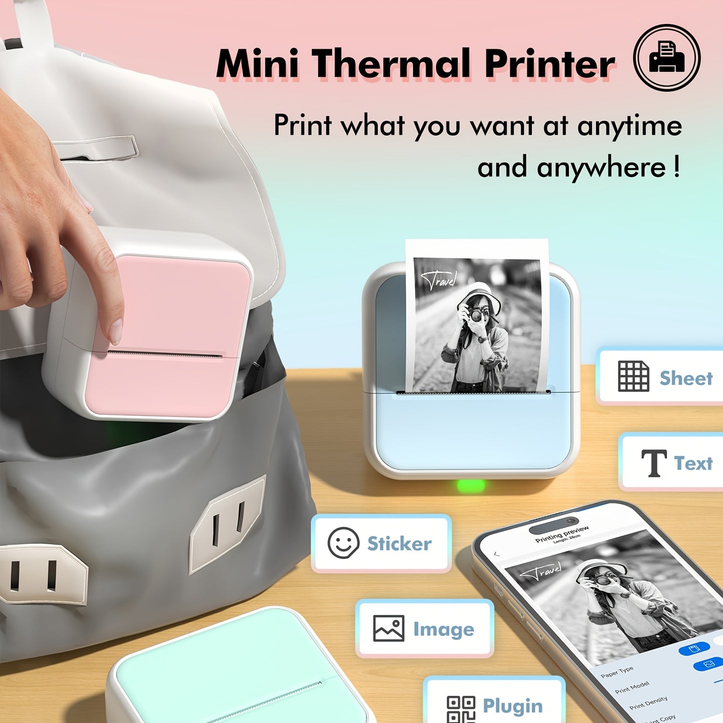 ORICO Mini Pocket Label Printer with 1 Roll of Thermal Paper - Compact, Battery-Powered, Wireless Barcode & Sticker Printer for Home, School, and Office Use - Compatible with Android & iOS, Food Labels, Fridge Magnets, Gift T