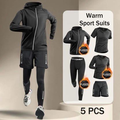 Winter Men's Outdoor Running Sets 2-5 PCS Fitness Morning Jogging Sports Quick-Dry Windproof Cycling Training Joggers Tracksuit